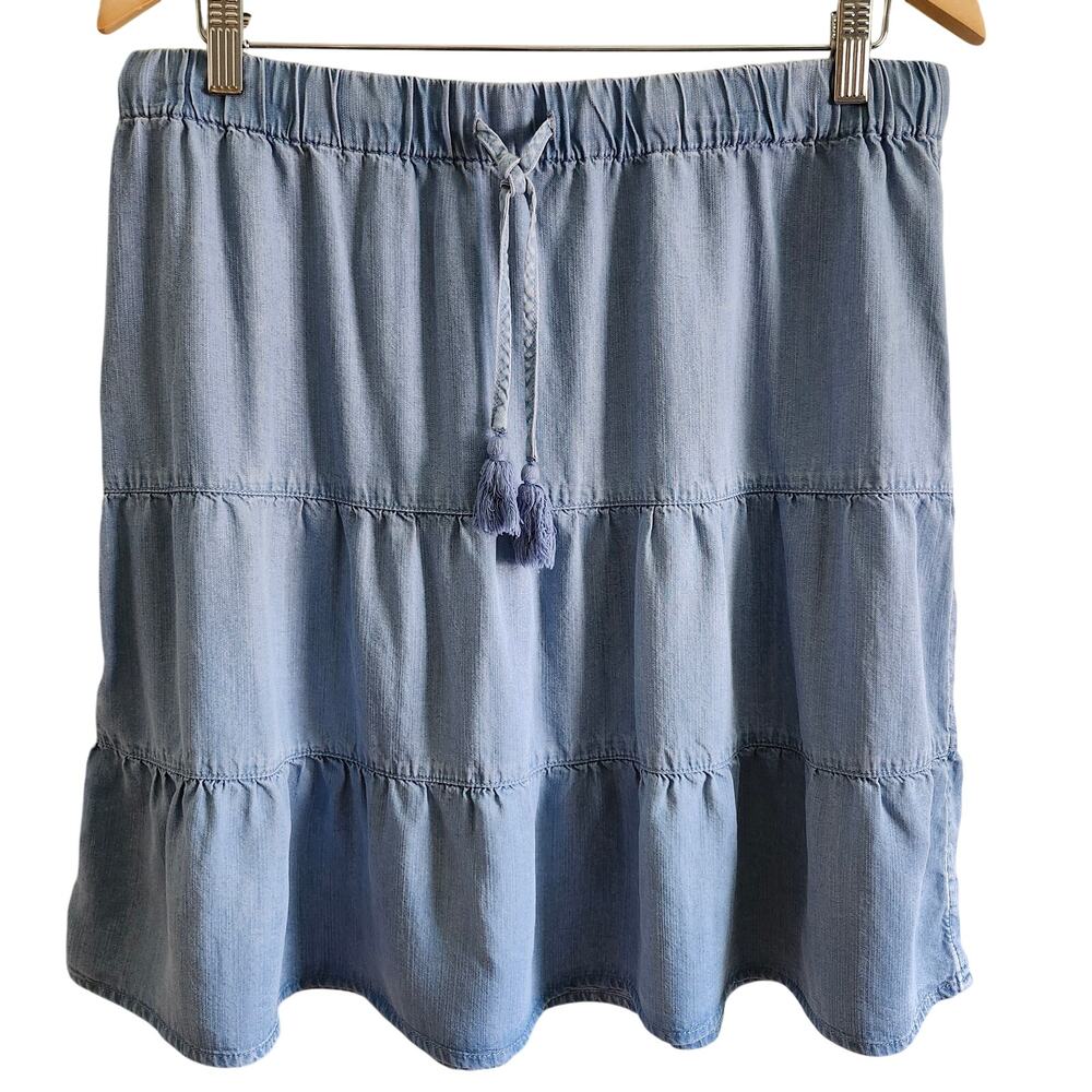 J Jill Denim Tiered Light Blue Tencel Pull-On Mini Skirt Size Medium